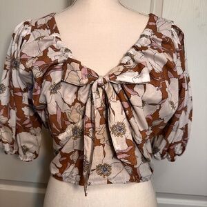 Abercrombie & Fitch Floral Blouse, V-Neck, Crop, Tie-front,  Large